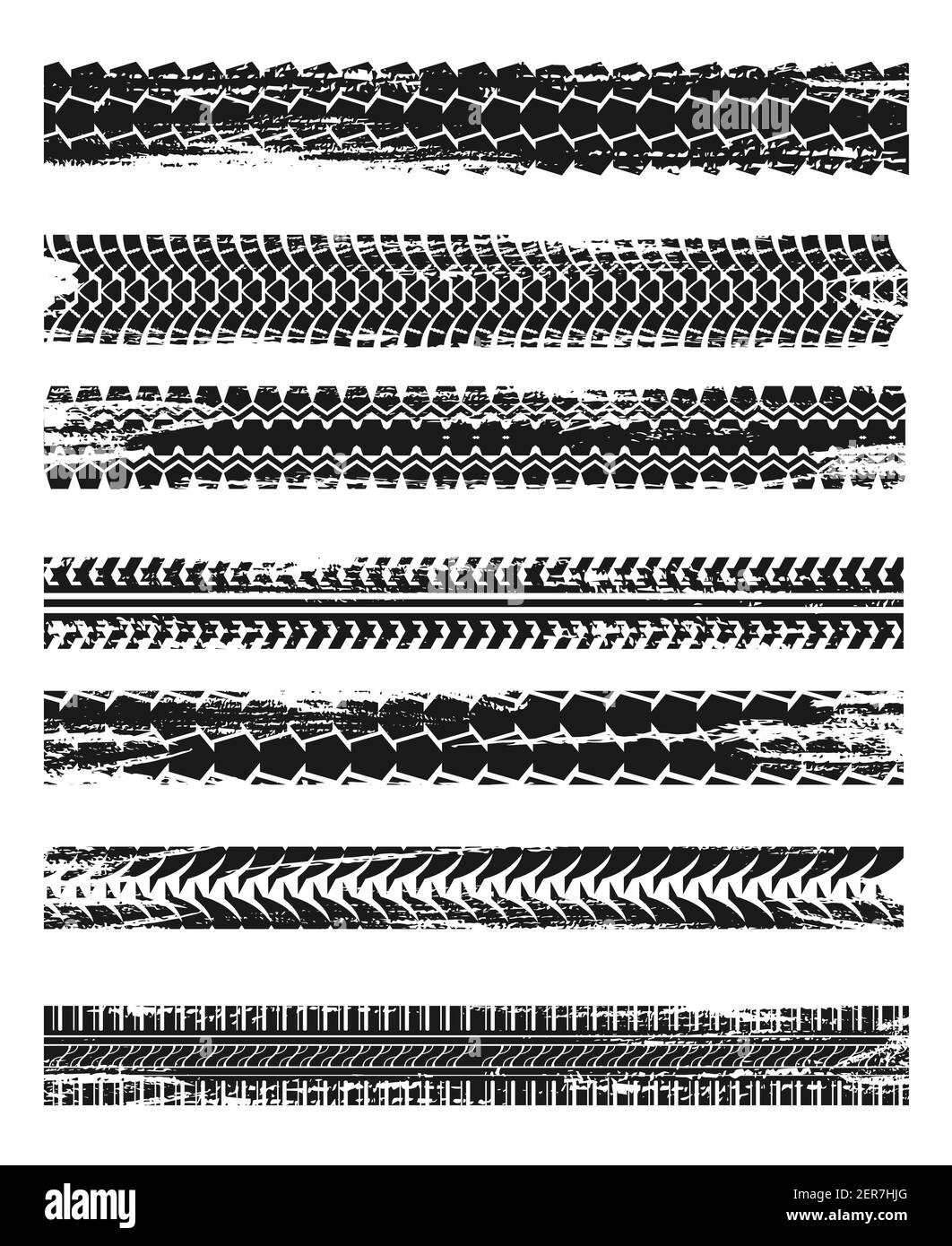 Autoreifen drucken, verschmutzte Räder Marken oder verbrannte Renngummi Spur. LKW-Räder Protektor Stufen, Motorrad schwarz Spur und Off-Road-Automobil schlammig Stock Vektor