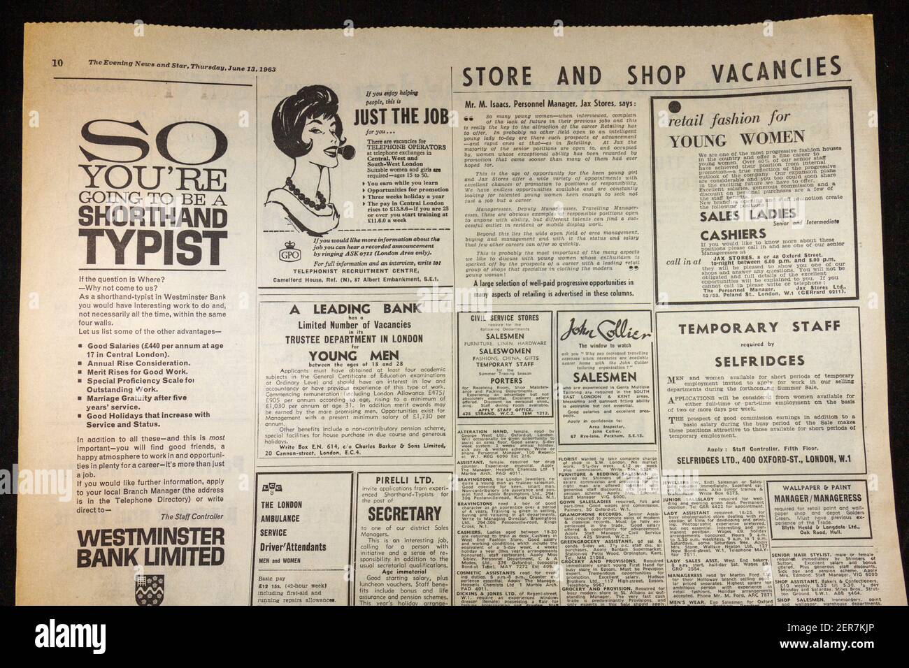 Werbung für offene Stellen in den Evening News (Donnerstag, 13th. Juni 1963), London, Großbritannien. Stockfoto
