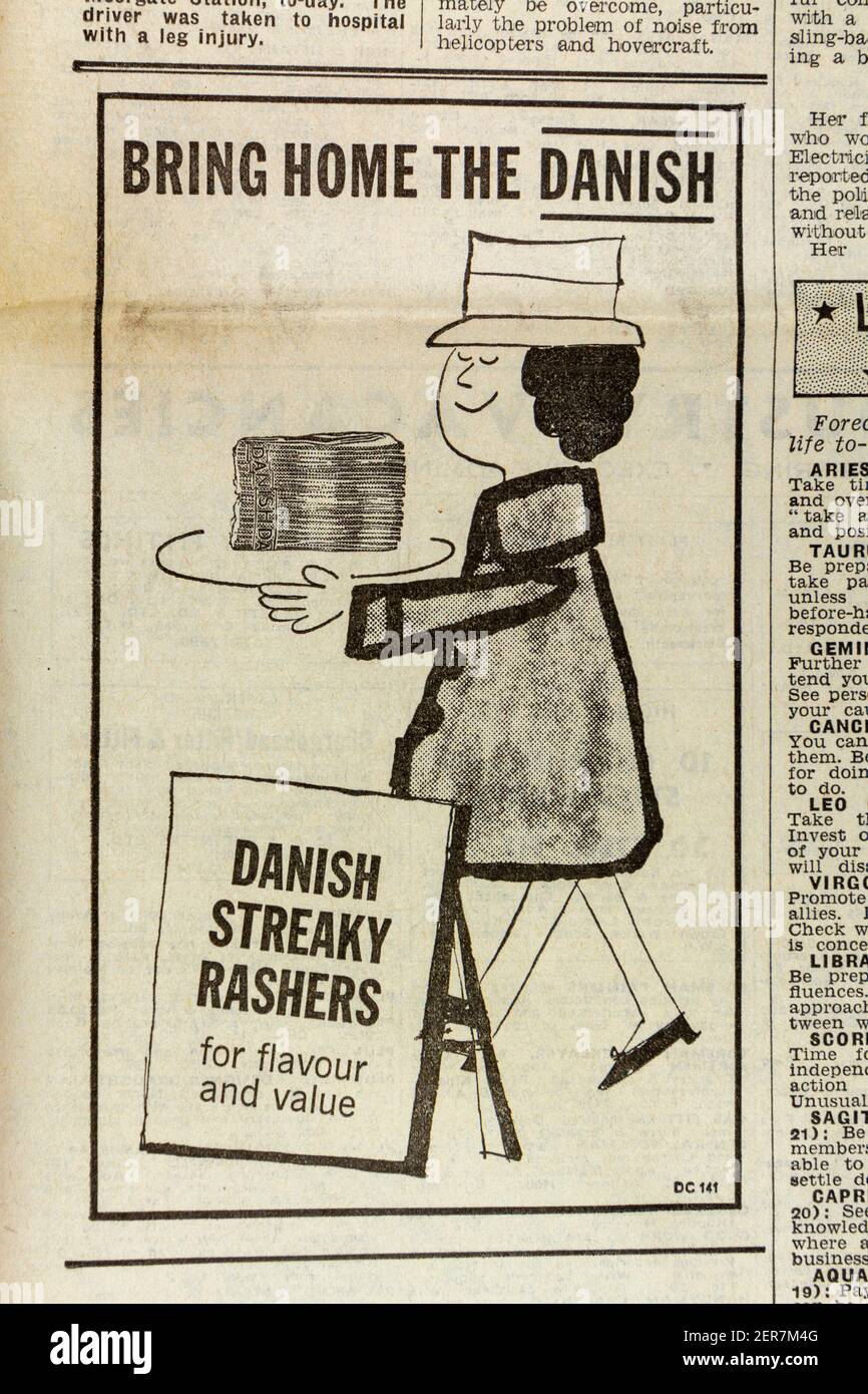Anzeige für dänischen Streaky Bacon in der Zeitung Evening News (Donnerstag, 13th. Juni 1963), London, Großbritannien. Stockfoto