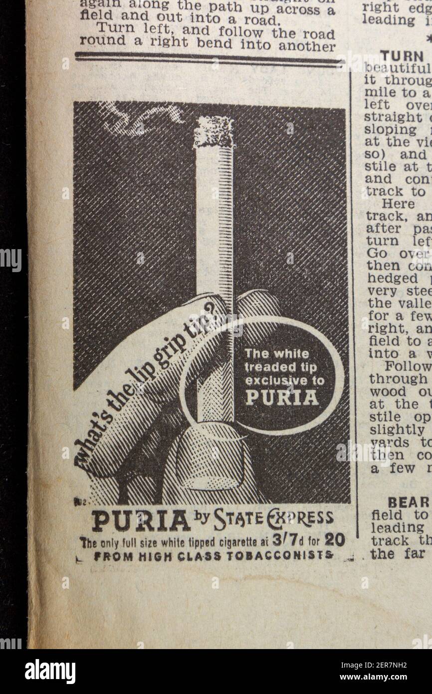 Werbung für Puria State Express Zigaretten in der Zeitung Evening News (Donnerstag, 13th. Juni 1963), London, Großbritannien. Stockfoto