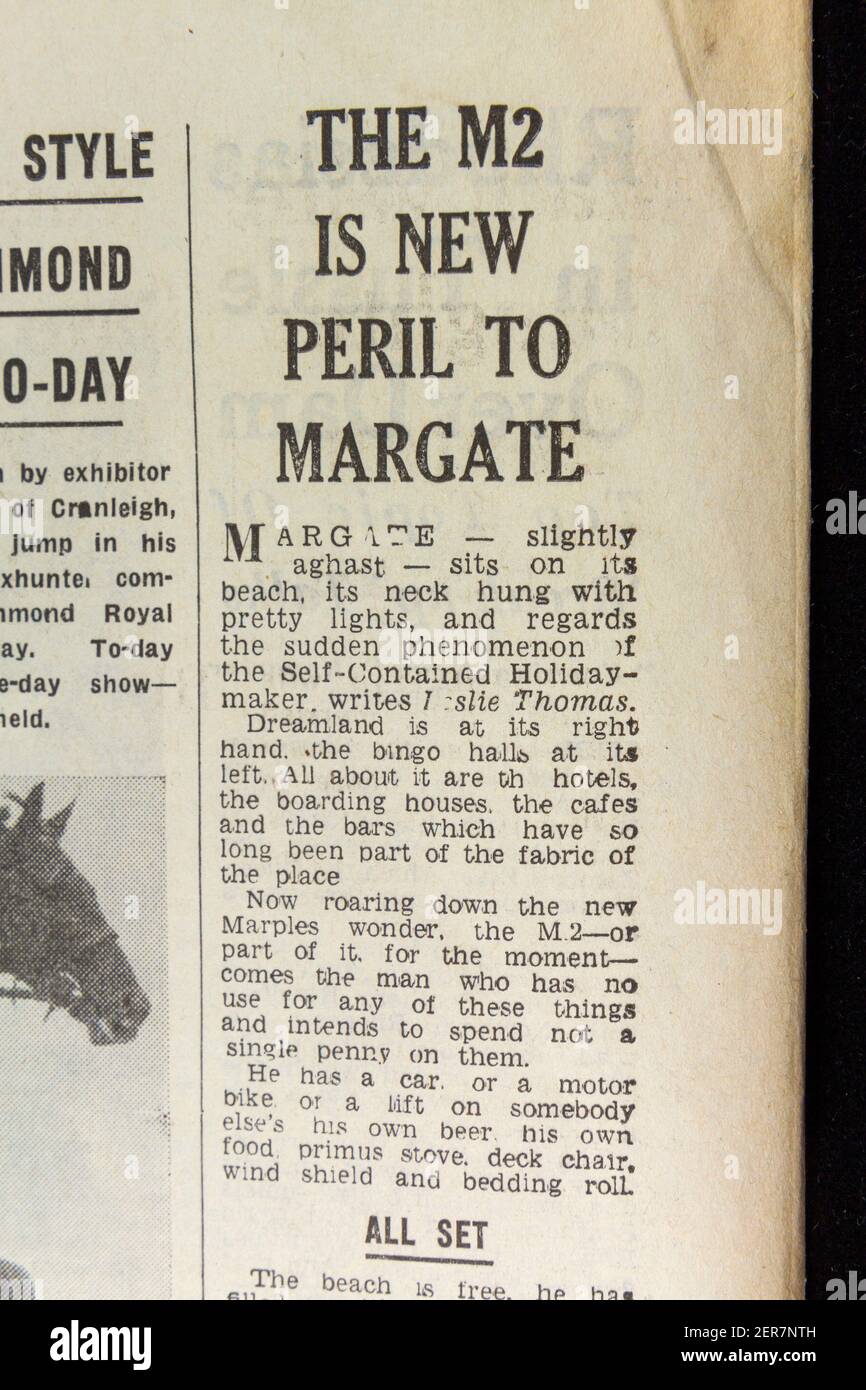 Artikel über die Auswirkungen der neuen AUTOBAHN m2 auf Margate in der Zeitung Evening News (Donnerstag, 13th. Juni 1963), London, Großbritannien. Stockfoto
