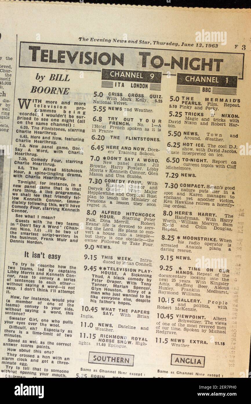 Fernsehen zeigt, dass Abend in der Abendzeitung (Donnerstag, 13th. Juni 1963), London, Großbritannien. Stockfoto