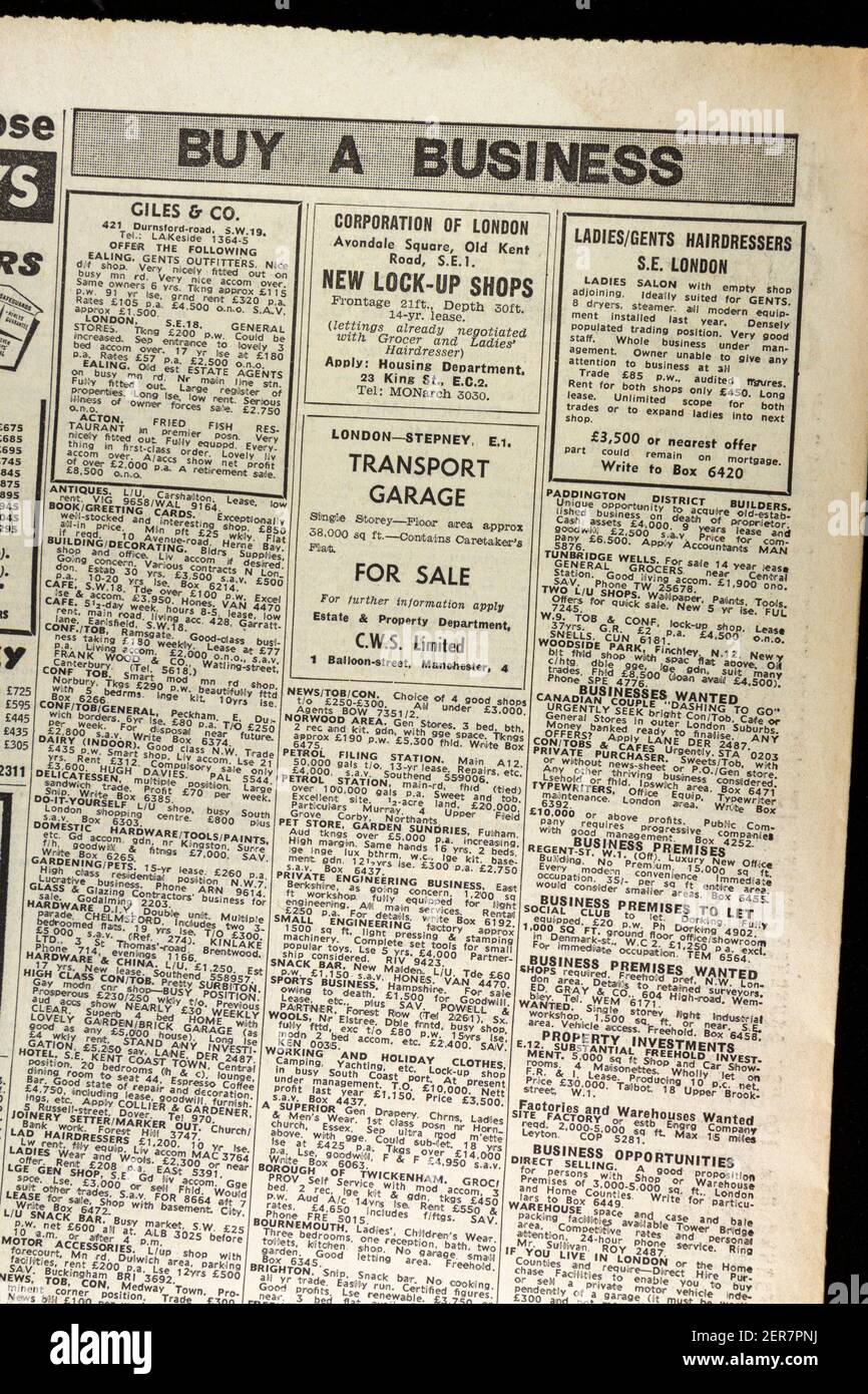 'Buy a Business'-Seite The Evening News Zeitung (Donnerstag, 13th. Juni 1963), London, Großbritannien. Stockfoto