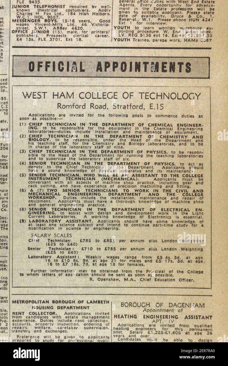 Anzeige für offizielle Ernennungen (West Ham College of Technology) in der Zeitung Evening News (Donnerstag, 13th. Juni 1963), London, Großbritannien. Stockfoto