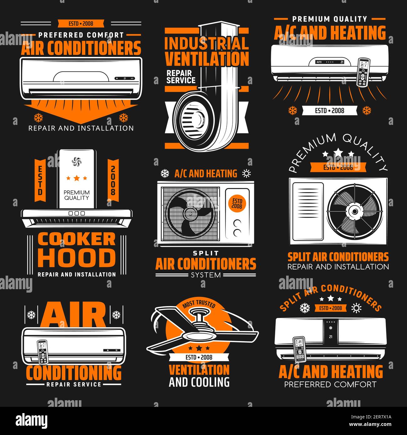 Klimaanlage und Lüftung Installation, Reparatur Service Embleme. Split-AC-Kondensatoreinheiten für Innen- und Außenbereich mit Fernbedienung, Deckenventilator und Stock Vektor