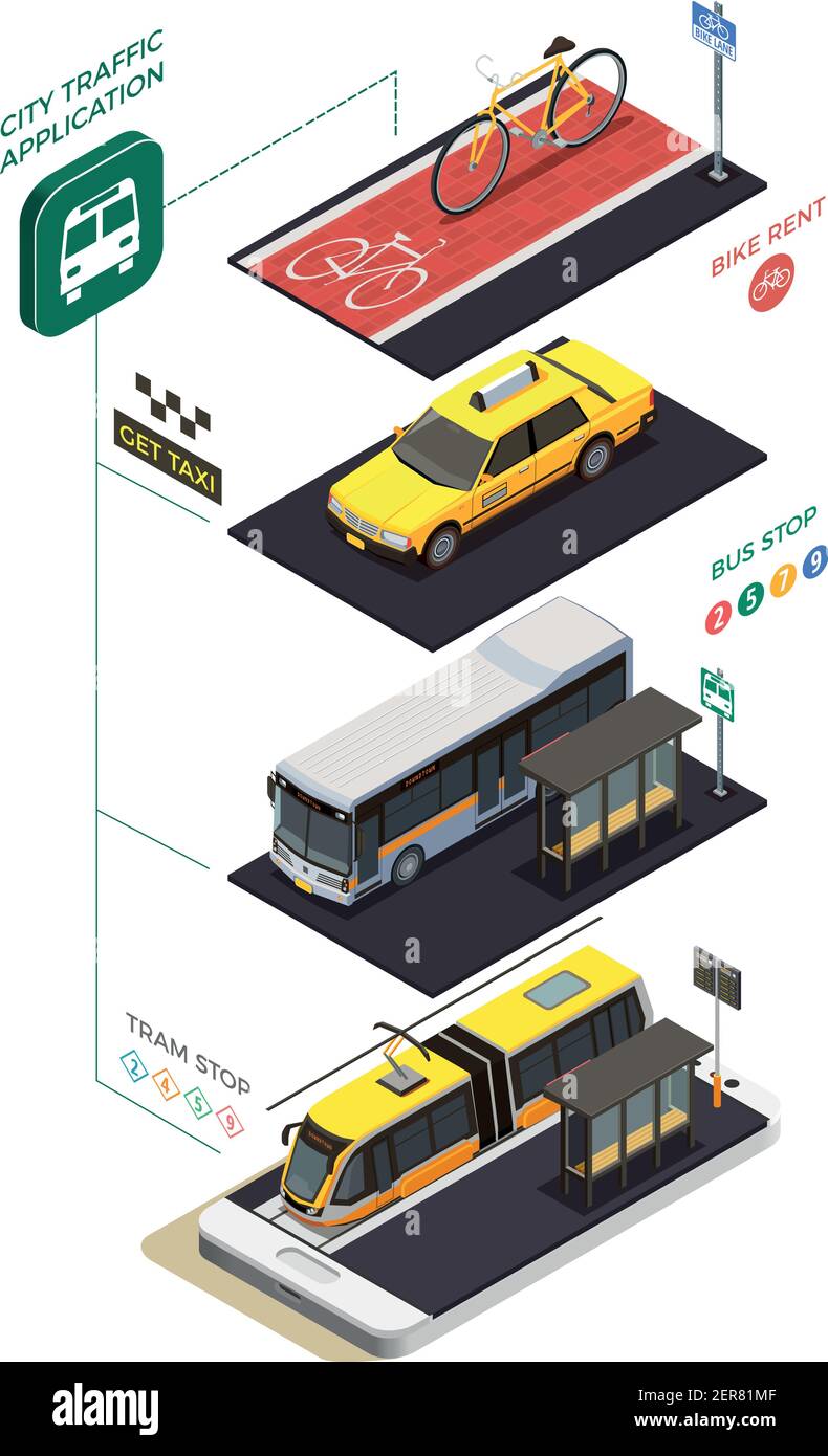 Isometrische Komposition des öffentlichen Nahverkehrs mit Infografik-Piktogrammen und Textunterschriften Und kommunalen Transporteinheiten mit Haltestellen Vektorgrafik Stock Vektor