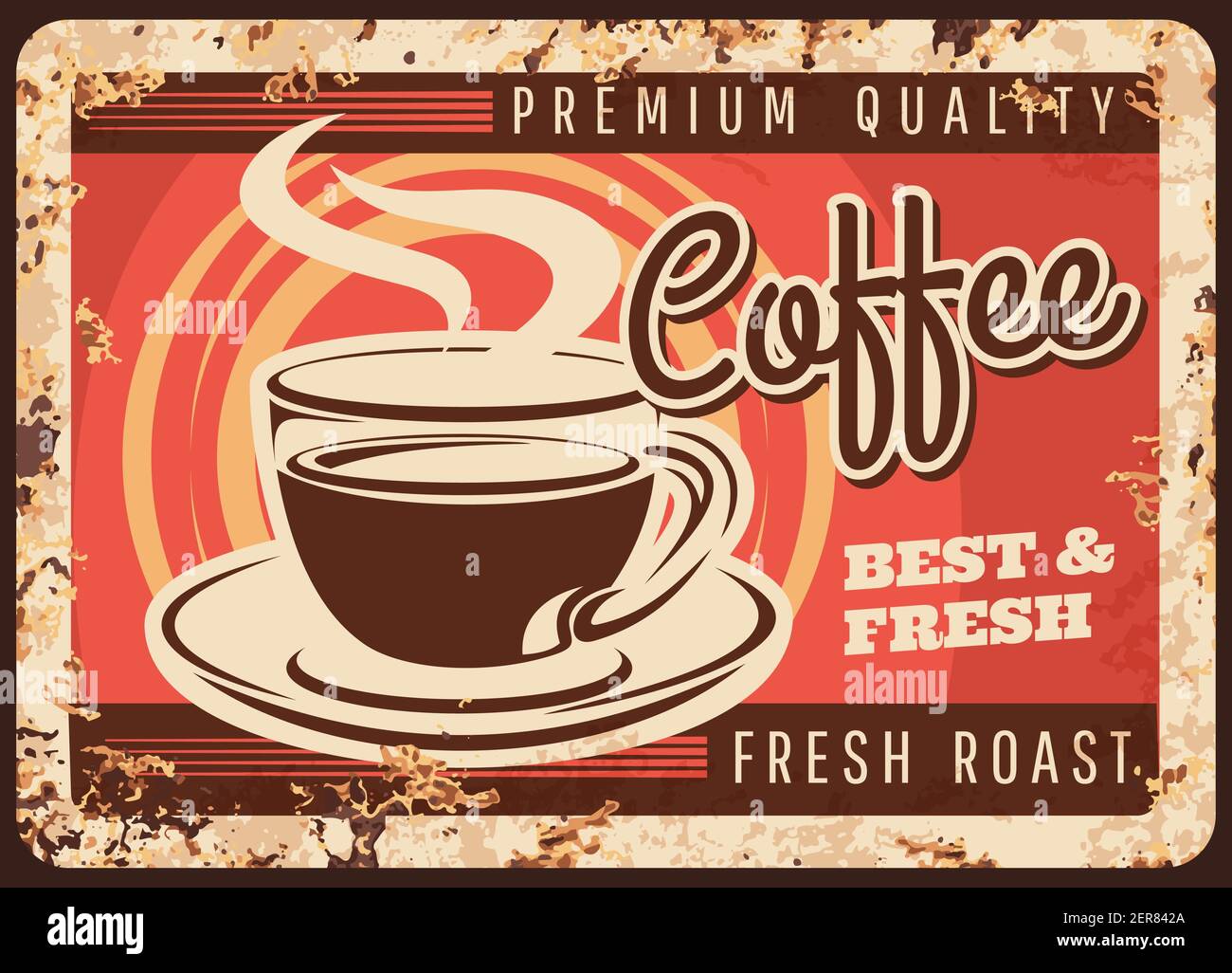 Dampfende Kaffeetasse Vektor rostig Metallplatte, Tasse mit Untertasse Dampf und heiß besten und frischen Getränk Grunge Rost Zinn Zeichen. Coffee House Retro Promo Pos. Stock Vektor