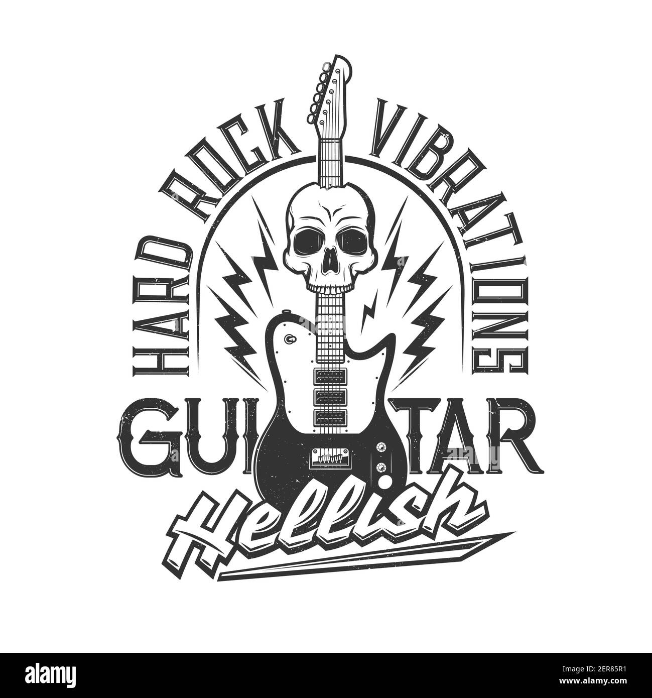 Gitarre und Totenkopf Vektor Mockup von T-Shirt-Print. Hard Rock Musik Club oder Café benutzerdefinierte Kleidung Vorlage mit E-Gitarre, Blitze und Skelett er Stock Vektor