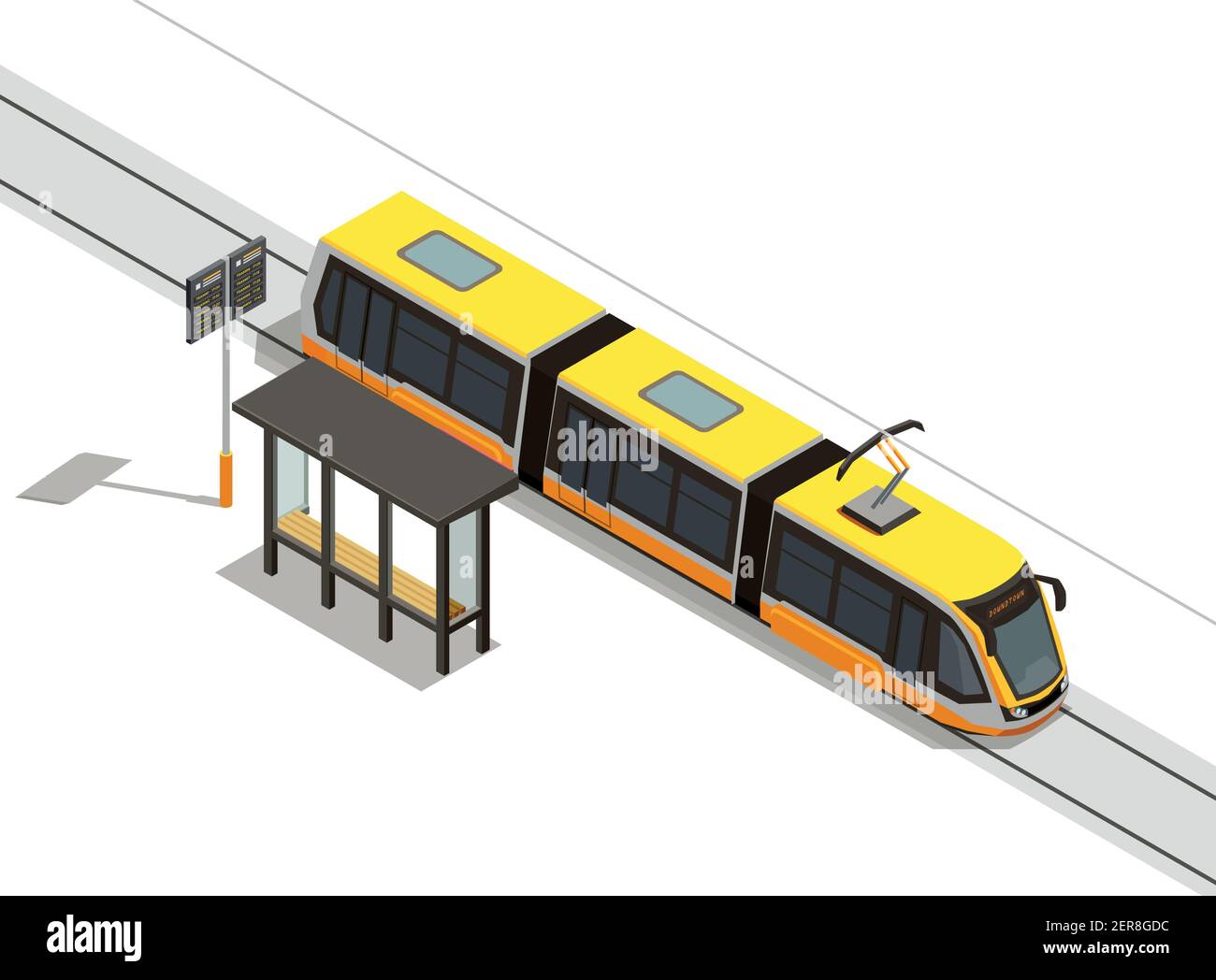 Öffentlicher Nahverkehr isometrische Zusammensetzung mit Blick auf Straßenbahn-Linie Und Rollmaterial mit Transit Shelter Vektor-Illustration Stock Vektor