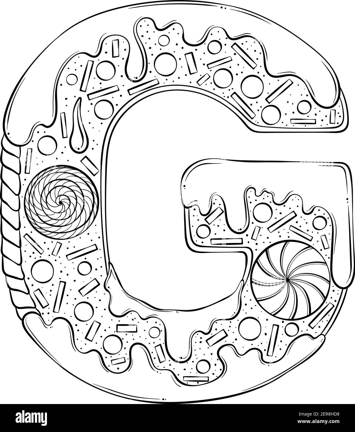 Brief G. Lebkuchen Cookies in Form von Buchstaben. Cartoon Vektor-Schriftart in Hand gezeichnet Linie Art Stil isoliert auf weißem Hintergrund. Logo-Vorlage für Schriftzüge. Malbuch Design. Stock Vektor