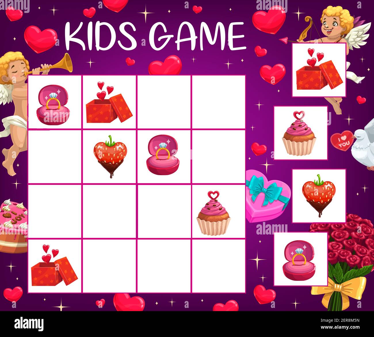 Saint Valentinstag Kinder logische Puzzle mit romantischen Geschenken. Kind  rebus Spiel, Kind Kreuzworträtsel oder spielen Aktivität. Verlobungsring,  geschenkbox und Tasse Stock-Vektorgrafik - Alamy