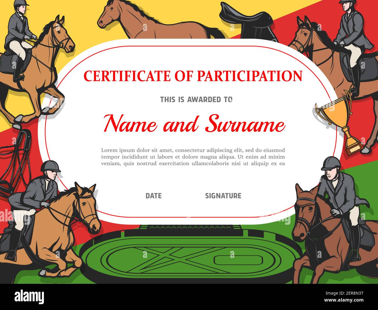 Zertifikat der Teilnahme an Pferderennen, Diplom-Vektor-Vorlage. Hengst Racing Award Border Design mit Reiter auf Hippodrom. Siegeszug Stock Vektor