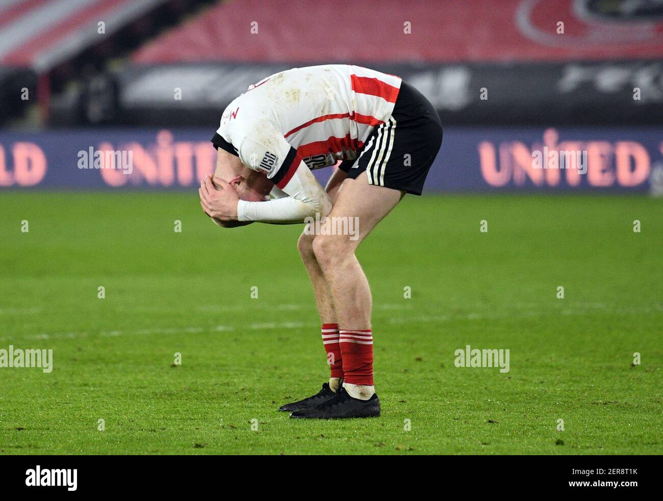 Oli McBurnie von Sheffield United reagiert auf eine verpasste Chance beim Premier League-Spiel in Bramall Lane, Sheffield. Bilddatum: Sonntag, 28. Februar 2021. Stockfoto