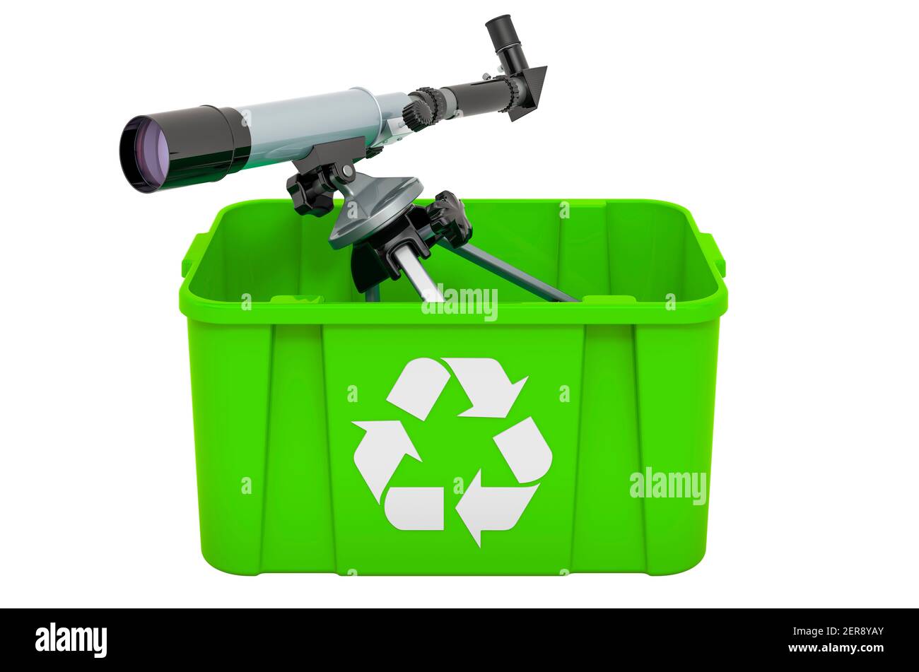 Recycling-Papierkorb mit Teleskop, 3D Rendering isoliert auf weißem Hintergrund Stockfoto
