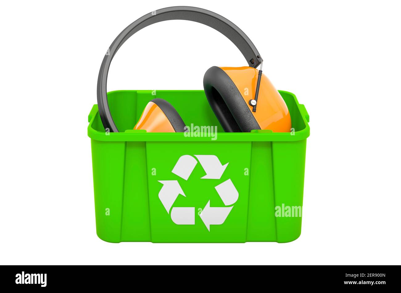 Recycling-Papierkorb mit Gehörschutz, 3D Rendering isoliert auf weißem Hintergrund Stockfoto