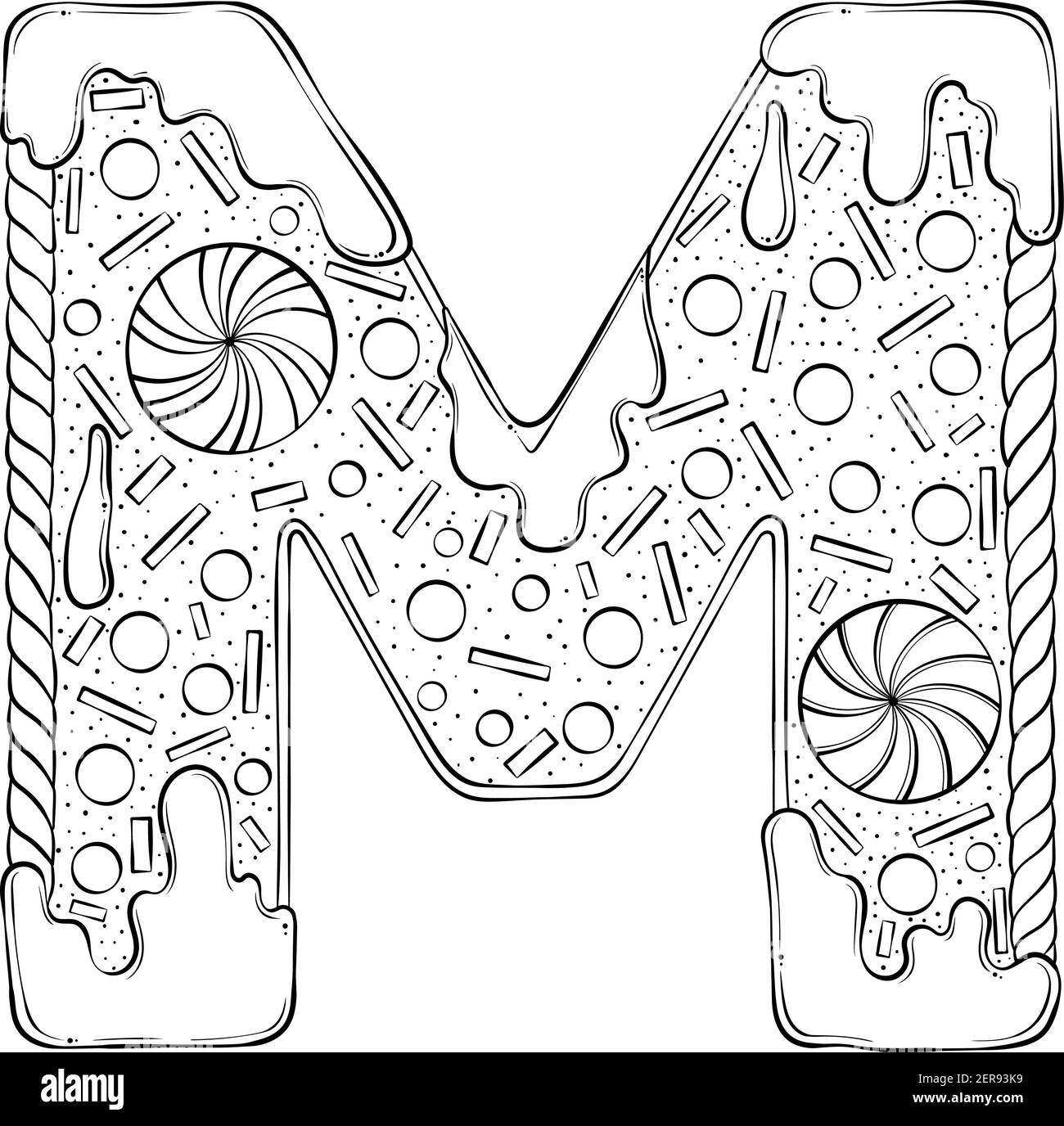 Brief M. Lebkuchen Cookies in Form von Buchstaben. Cartoon Vektor-Schriftart in Hand gezeichnet Linie Art Stil isoliert auf weißem Hintergrund. Logo-Vorlage für Schriftzüge. Malbuch Design. Stock Vektor