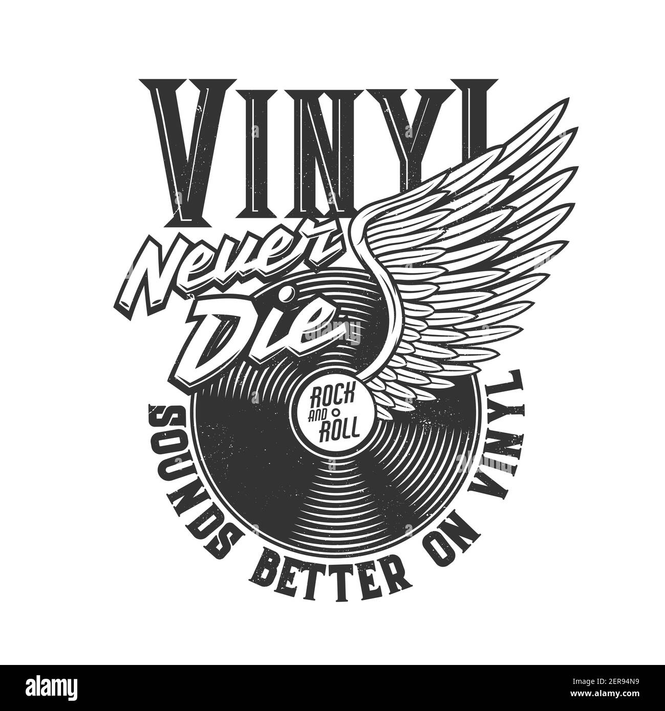 T-Shirt-Print mit geflügelten Vinyl-Disk für Bekleidungsdesign, Vektor-T-Shirt monochromen Druck mit Typografie Rock and Roll nie sterben, isoliert schwarz Grunge Stock Vektor