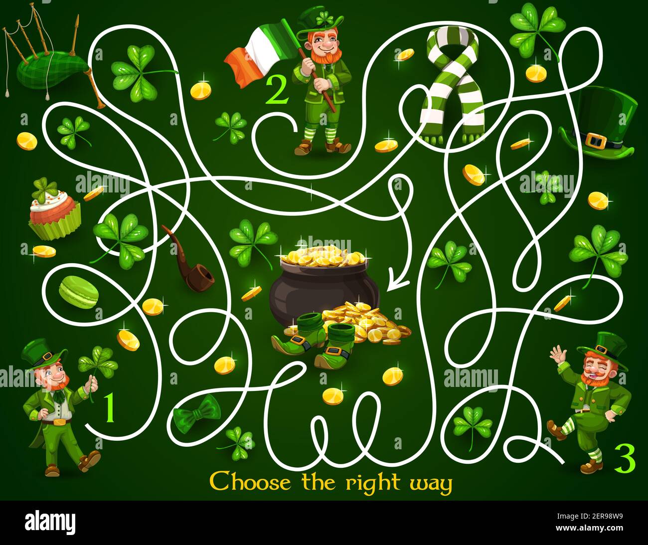 Kinder Labyrinth-Spiel mit st Patricks Tag leprechauns und festliche Elemente. Vector Labyrinth Puzzle wählen richtigen Weg Brettspiel. Aufgabe mit verwickelten Pfad, verklumpen Stock Vektor