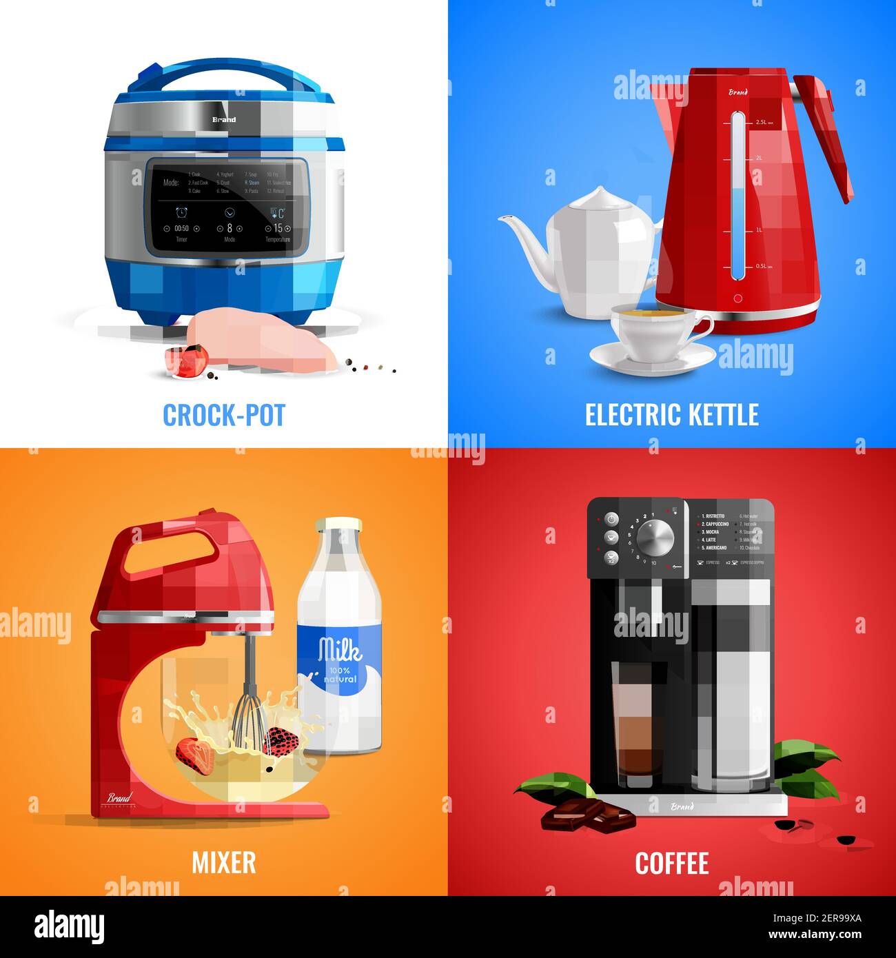 Haushalt Küchengeräte 2x2 Design-Konzept Set von Kaffeemaschine Mixer elektrischer Wasserkocher crock Topf realistische Vektor-Illustration Stock Vektor