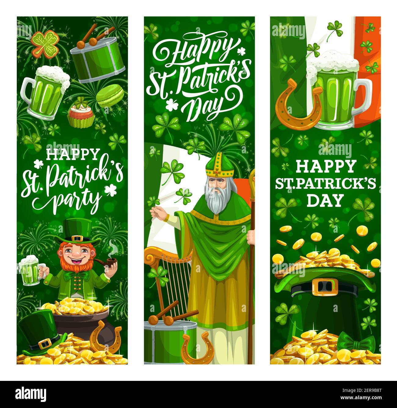 St. Patrick Tag, Irisch Celtic Feiertagsfeier. Vector St. Patrick Mann, Kobold mit grünem Bier Pint Becher und Goldmünzen in Kessel Topf, firewo Stock Vektor