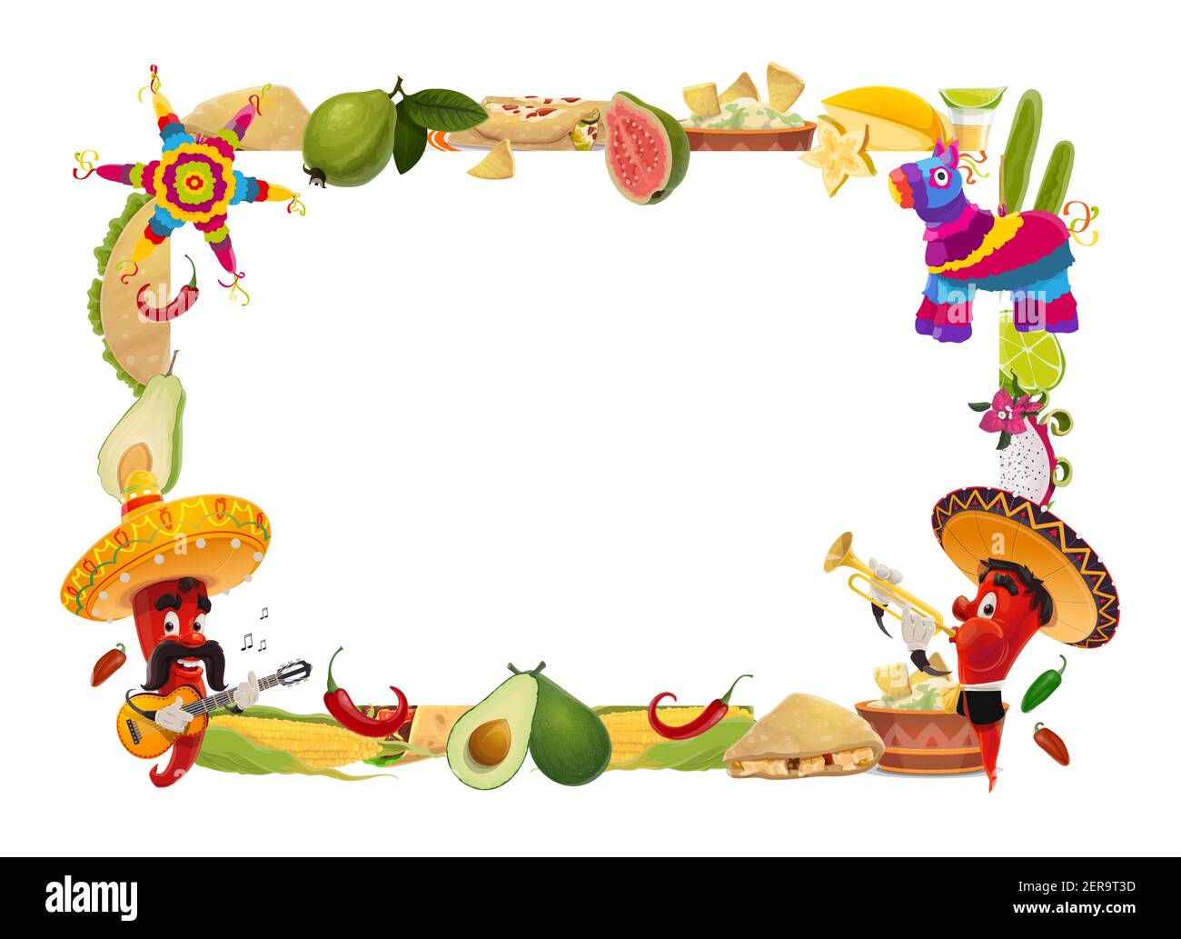Cinco de Mayo Vektor-Rahmen, mexikanischen Urlaub. Festliche Grenze mit Jalapenos in Sombrero spielen Gitarre und Trompete. Mexiko Getränk, Essen Tacos, Enchiladas a Stock Vektor