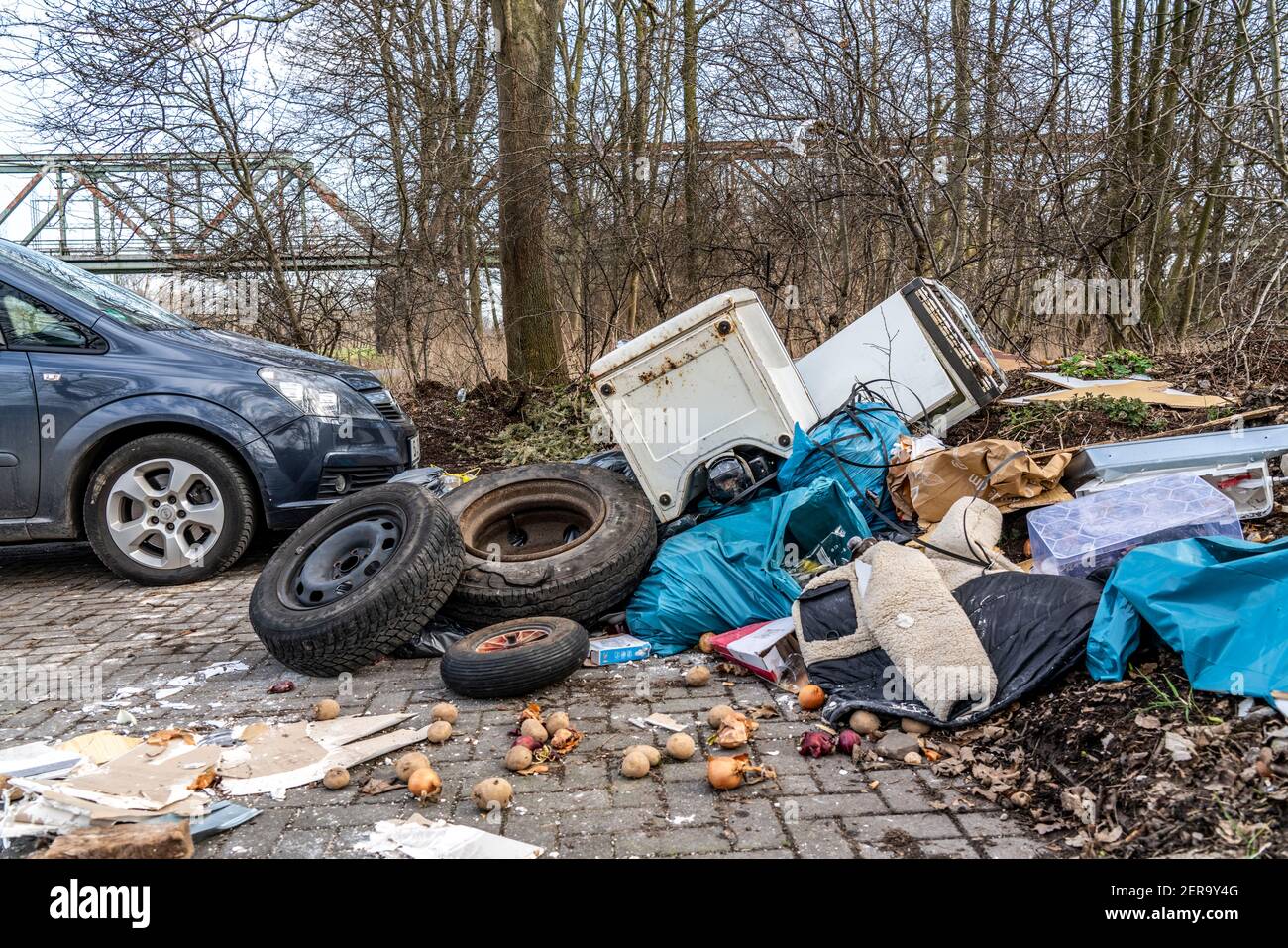 Illegale Abfallentsorgung auf einem Parkplatz, in einem Waldgebiet, Reifen, Möbel, Kühlschränke, Hausmüll, Ölkannen, Oberhausen NRW, Deutschland, Stockfoto