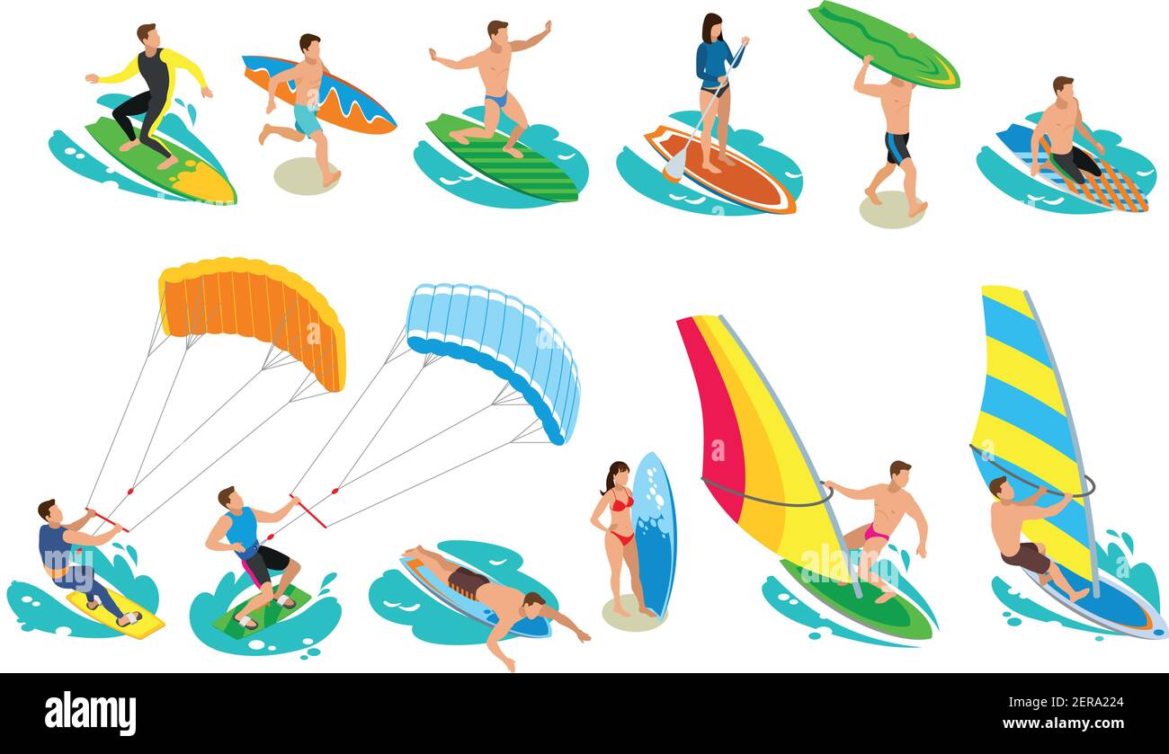 Surfen isometrische Symbole mit isolierten Bildern von Surfern und verschiedene Modelle und Arten von Segel Surfboard Vektor Illustration Stock Vektor