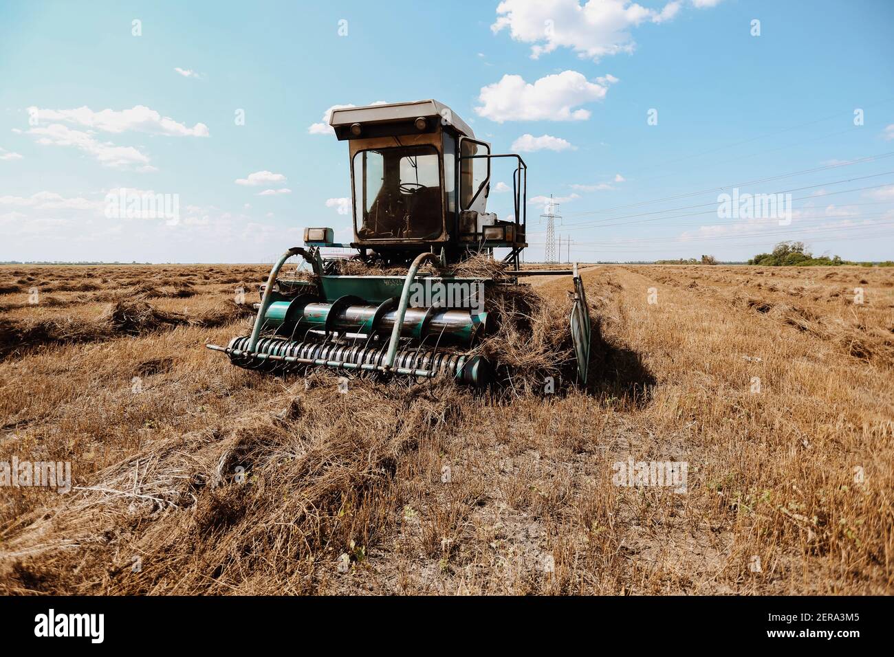 Ländliche Bauernhof Hintergrund des Weizenfeldes mit vintage alten Harvester Traktor Maschine Entfernen von trockenem Gras Heu am blauen Himmel Hintergrund, Landwirtschaft Konzept Stockfoto