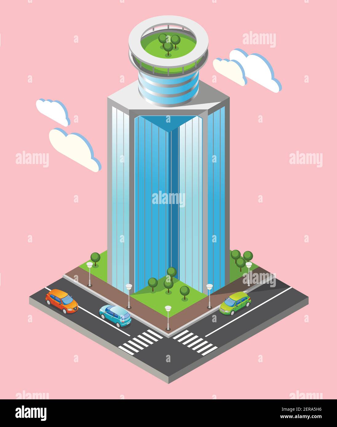 3D isometrische futuristische Wolkenkratzer Komposition mit einem Teil der Stadt Mit Straßen und hohen Gebäuden auf rosa Hintergrund Vektor-Illustration Stock Vektor