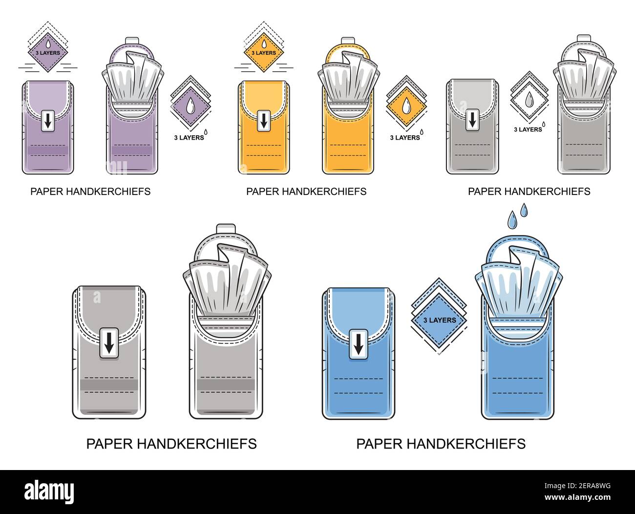 Taschentücher Einweg Taschentücher Icon Set. Packung mit Reinigungstüchern. Kleines Taschentüchern-Paket. 3 Lagen Mini Servietten für Haut, Nasenhygiene. Vektor Stock Vektor
