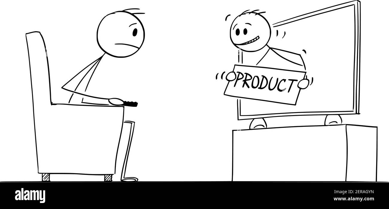 Mann vom TV-Werbeprodukt zum Zuschauer. Vektor Cartoon Stick Figur oder Figur Illustration. Stock Vektor