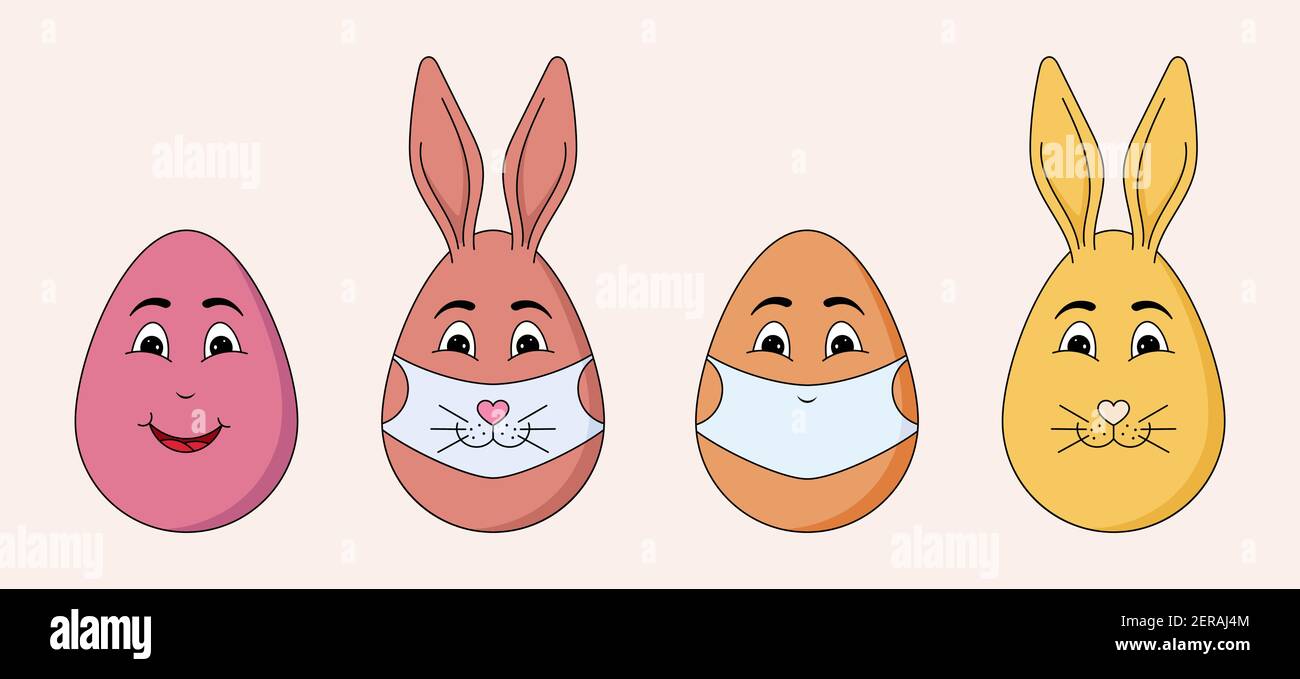 Einfache Vektor-Emojis von Ostereiern mit Ohren und Masken. Helle Aufkleber während der Coronavirus Quarantäne. Stock Vektor