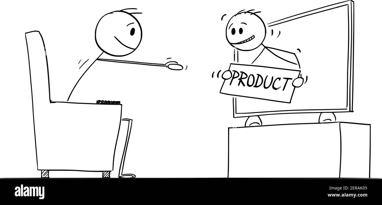 Mann vom TV-Werbeprodukt zum Zuschauer. Vektor Cartoon Stick Figur oder Figur Illustration. Stock Vektor