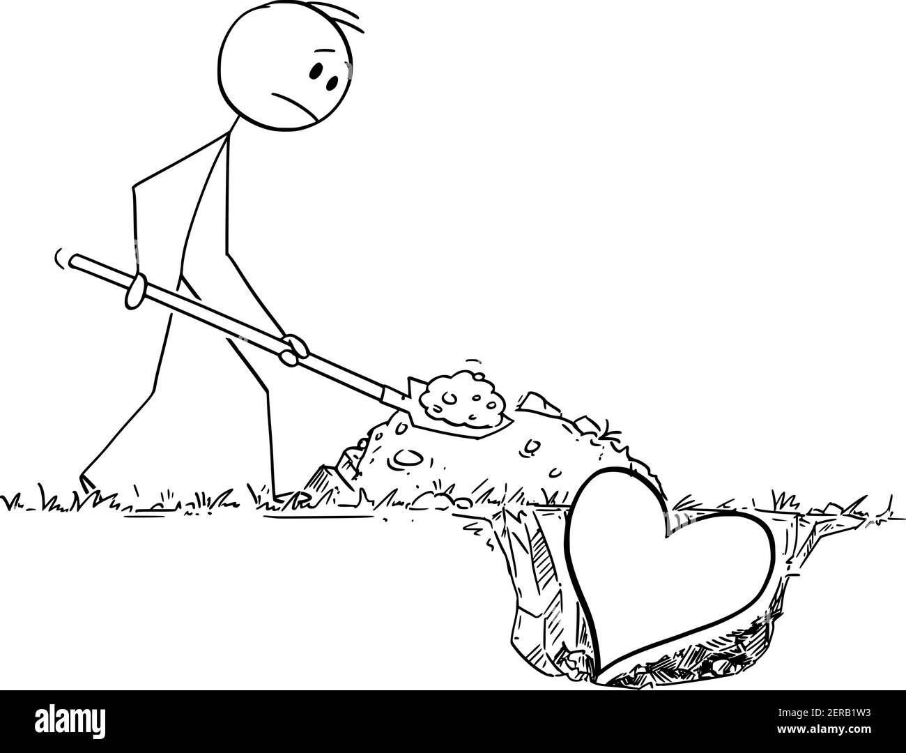 Mann mit Schaufel begraben Herz. Konzept der verlorenen Liebe. Vektor Cartoon Stick Figur oder Figur Illustration. Stock Vektor