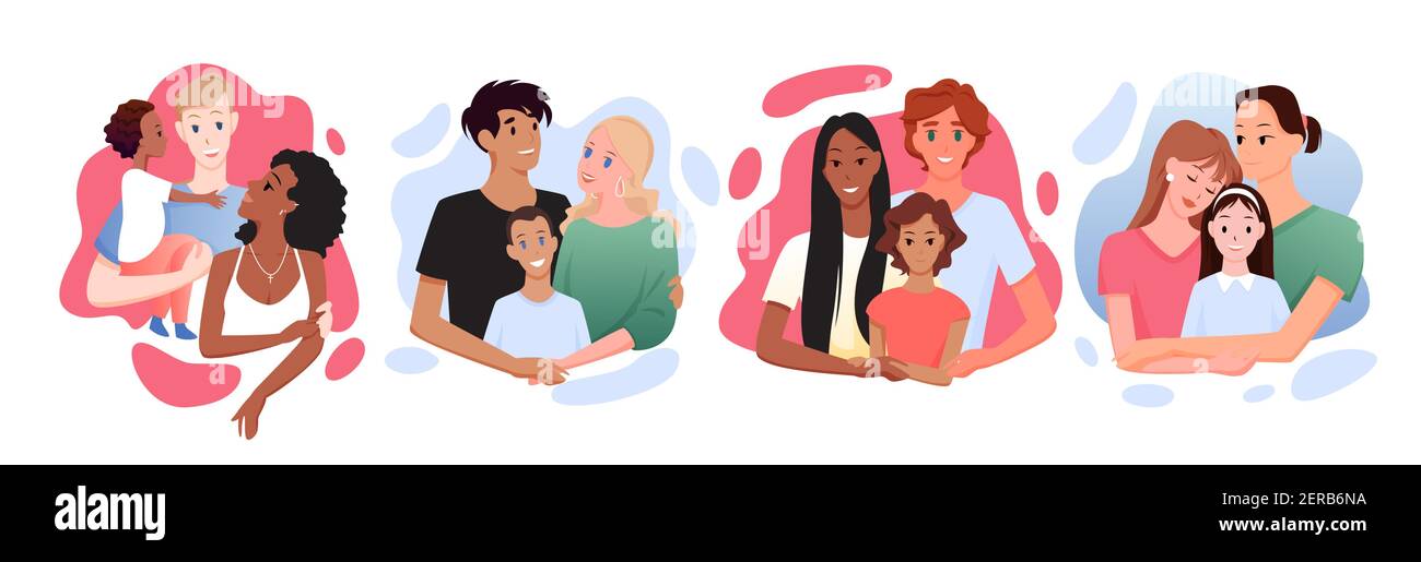 Multikulturelle multirassische glückliche Familie posiert zusammen, lächelt mit Liebe und umarmt Stock Vektor