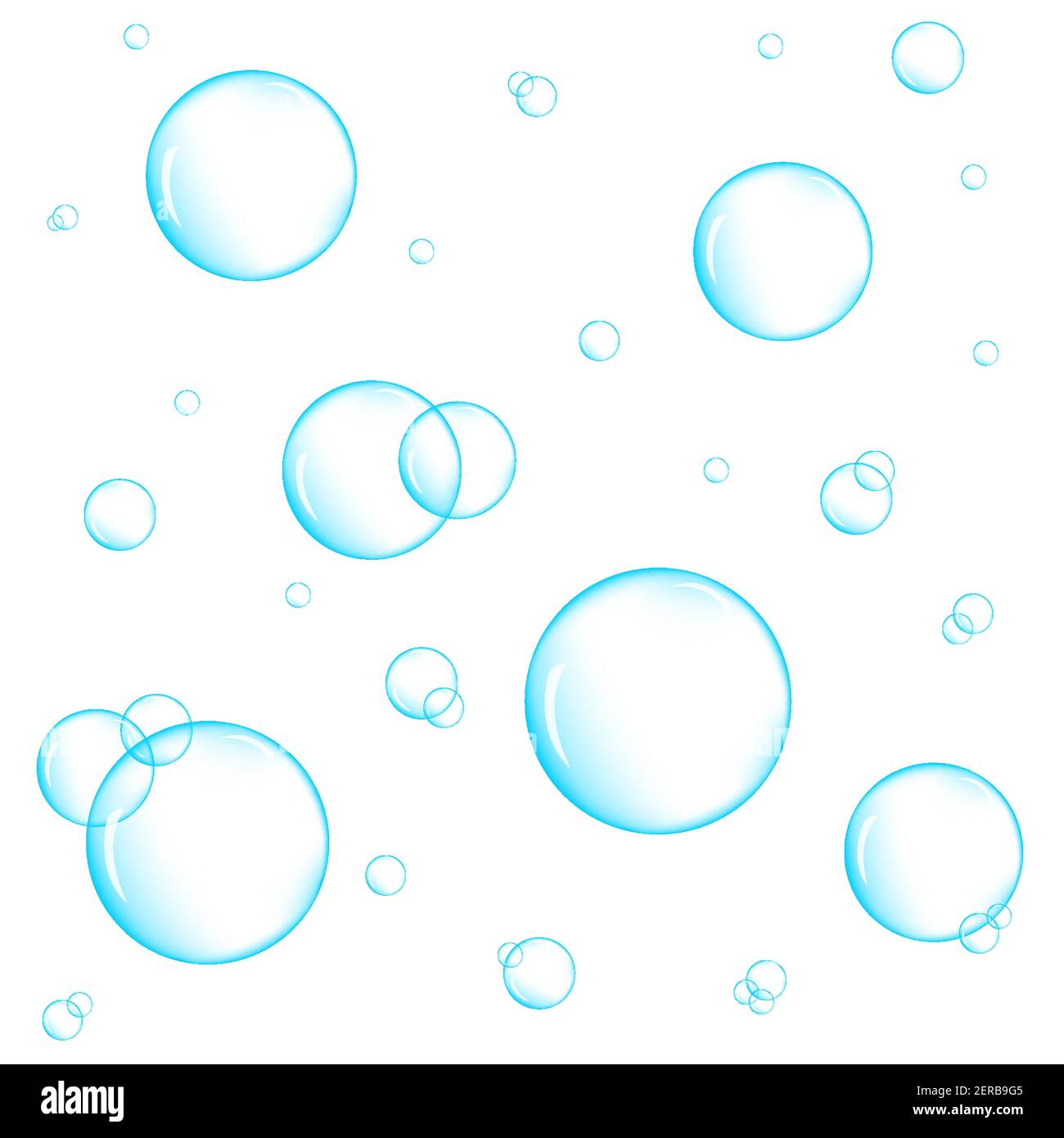 Realistische blaue Unterwasserblasen auf weißem Hintergrund. Aquarium Wasserstrahl, Seife oder Reinigungsschaum. Vektorgrafik. Stock Vektor