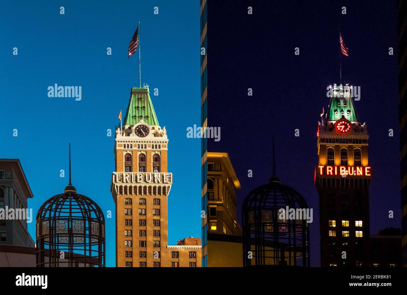 Gleiche Aussicht auf den Tribune Tower in Oakland, Kalifornien bei Tag und Nacht Stockfoto