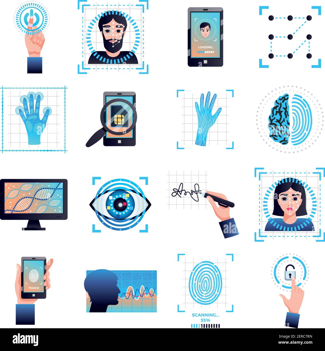 Identifikationstechnologien Symbole Kollektion mit unverkennbarer Augen Iris Gesichtserkennung Biometrische Systeme isoliert weißen Hintergrund Vektor illustrat Stock Vektor