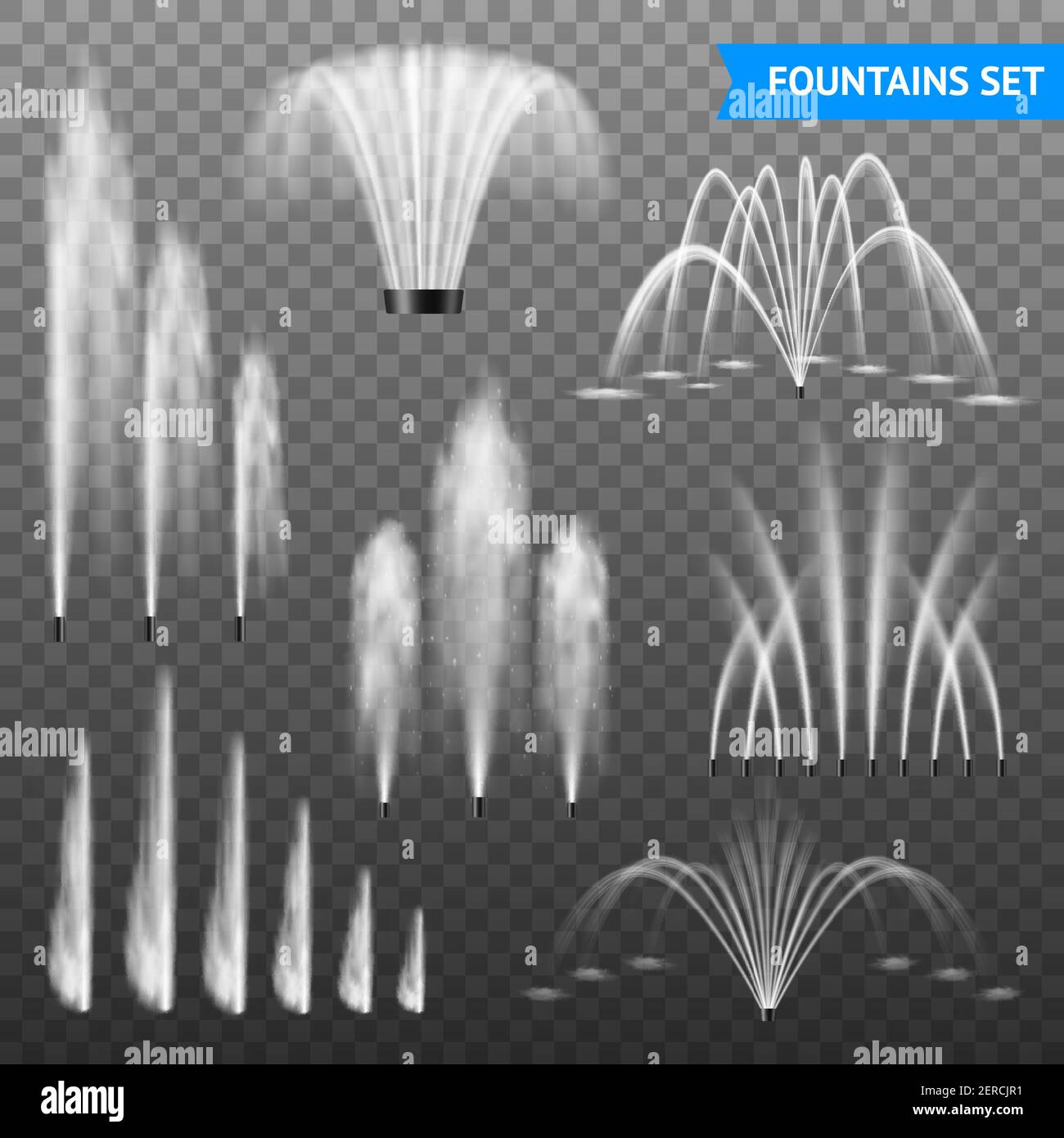 Dekorative Außenbrunnen Jet Set von 7 verschiedenen Formen Größenbereich vor transparenter Hintergrunddarstellung Stock Vektor