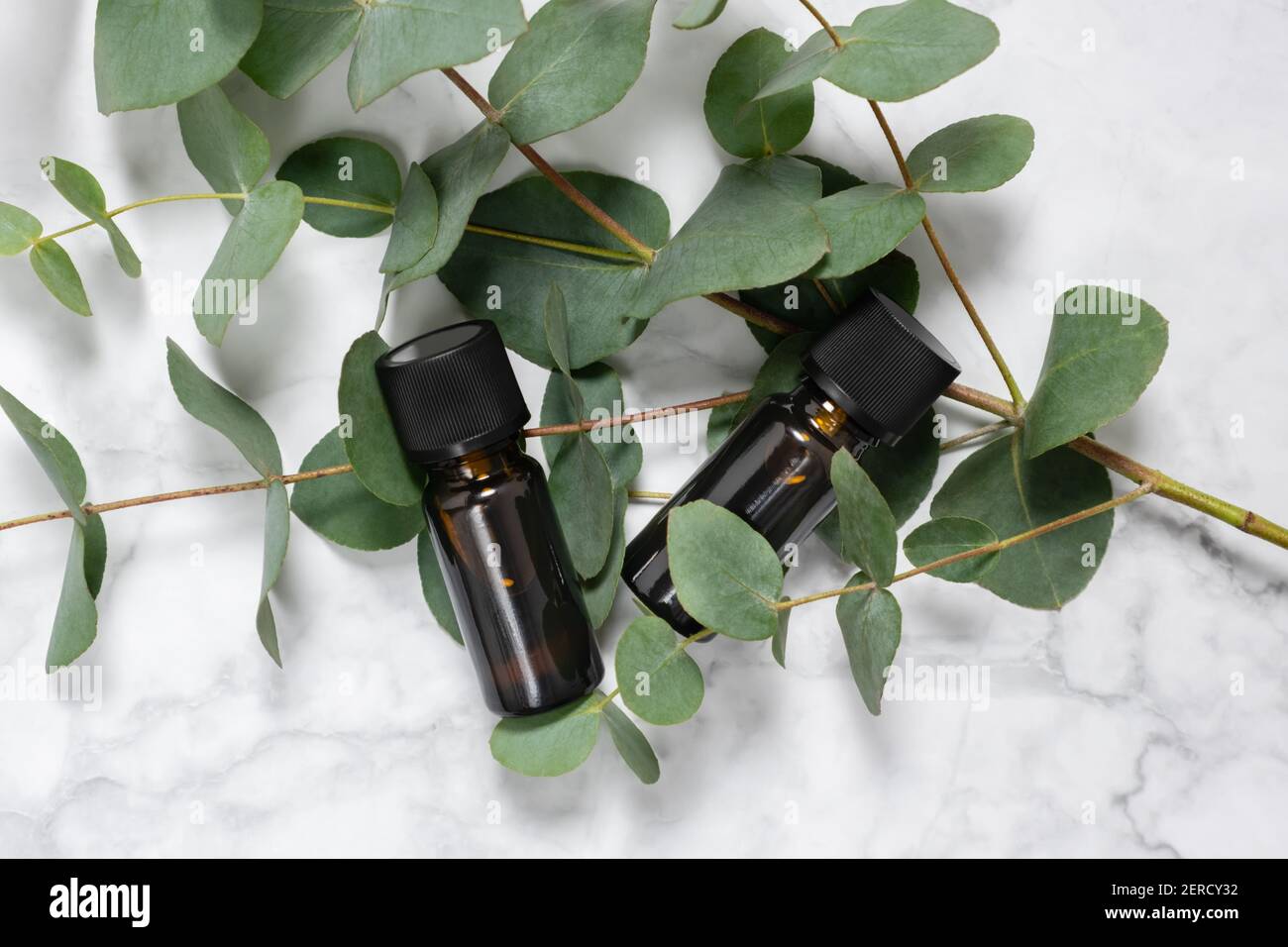 Zwei Bernsteinflaschen mit ätherischem Eukalyptus-Öl und frischem Eukalyptus-Zweig auf Marmorboden. Natürliche kosmetische Inhaltsstoffe für Hautpflegeprodukte. S Stockfoto