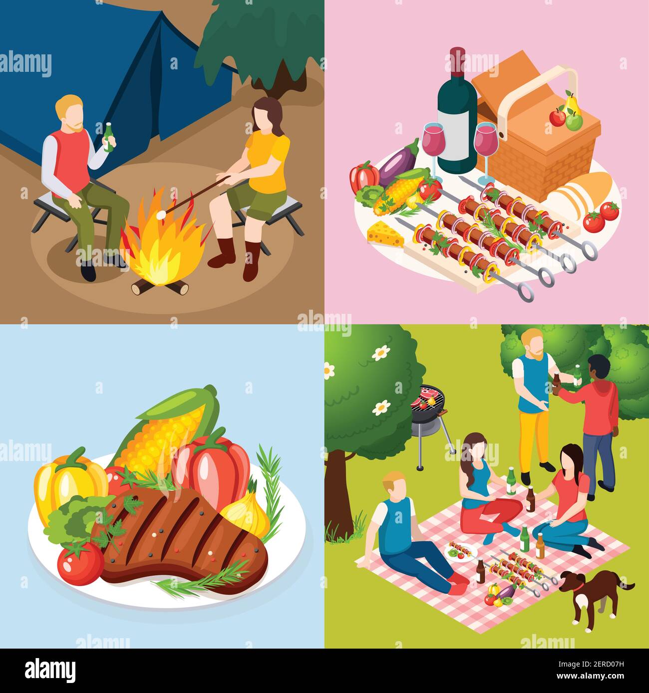 BBQ Grill Picknick Isometic Ikone mit Party im Wald gesetzt Diner Grillplatte Zelt und Lagerfeuer im Wald Vektor Abbildung Stock Vektor