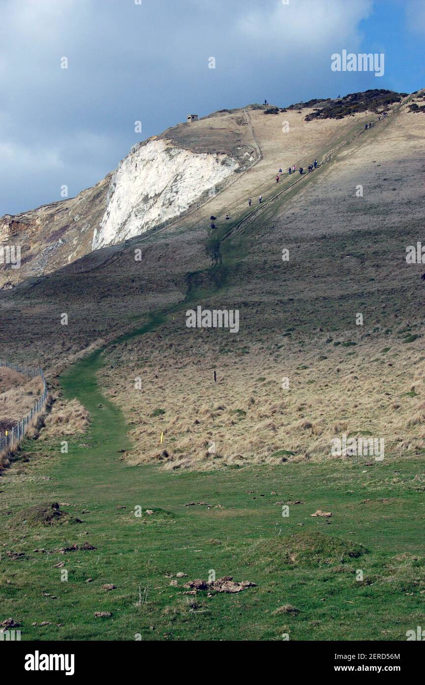 Weit entfernte Wanderer, die den steilen Worbarrow Hill an der Dorset-Küste hoch und runter fahren. Stockfoto