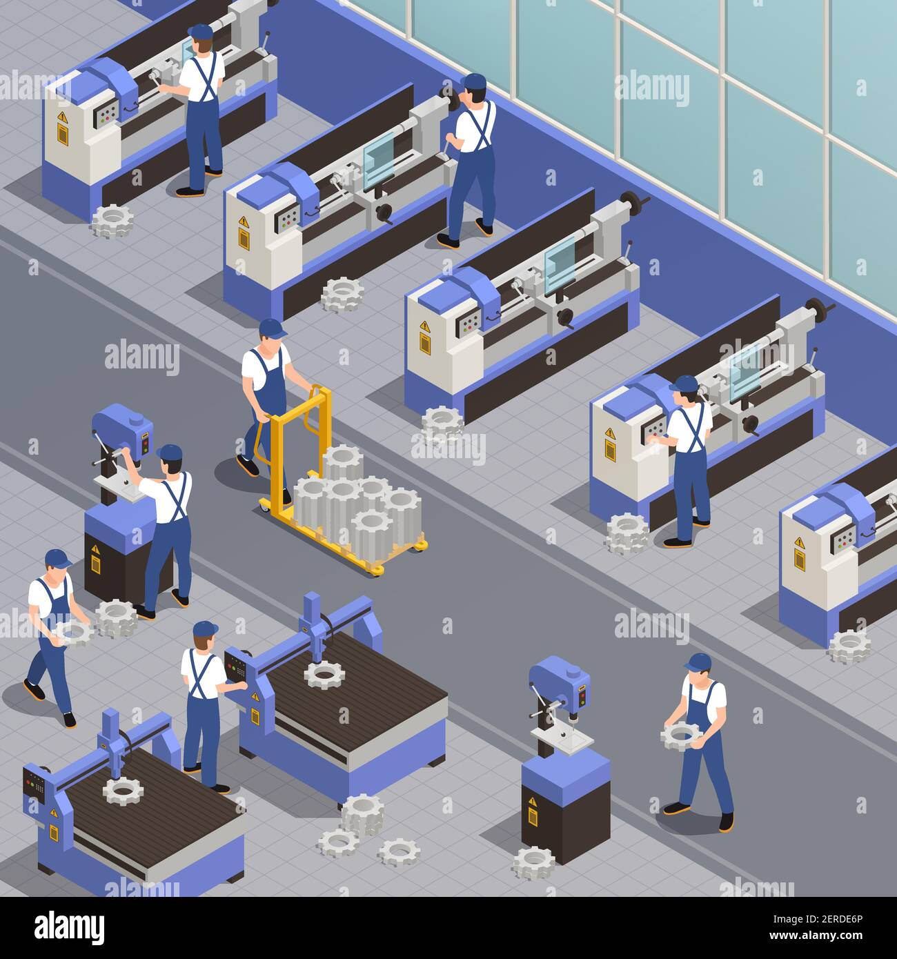 Industrielle Maschinen Hintergrund mit Anlagen-Ausrüstung Symbole isometrische Vektor-Illustration Stock Vektor