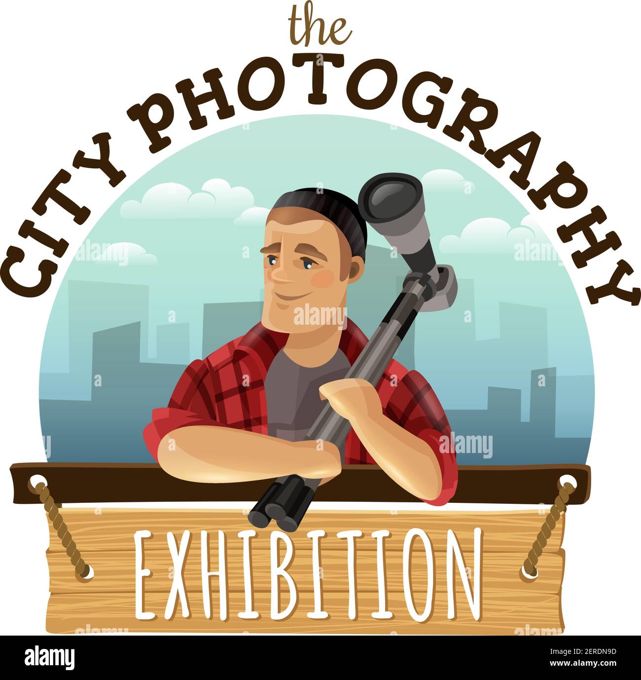 Einzigartige Stadt Fotografie benutzerdefinierte Logo Design Werbung mit Mann halten Kamera gegen Stadtbild Hintergrund bunte Vektor-Illustration Stock Vektor