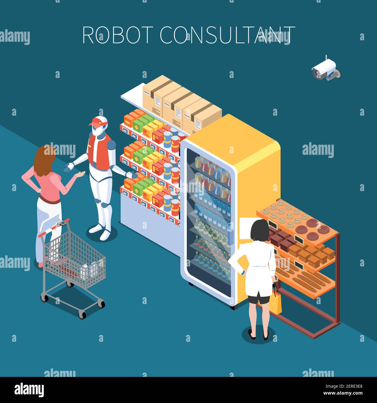 Shop Technologie isometrischen Hintergrund mit Käufern und Roboter Berater in Speichern von zukünftigen Innenraum Vektor-Illustration Stock Vektor