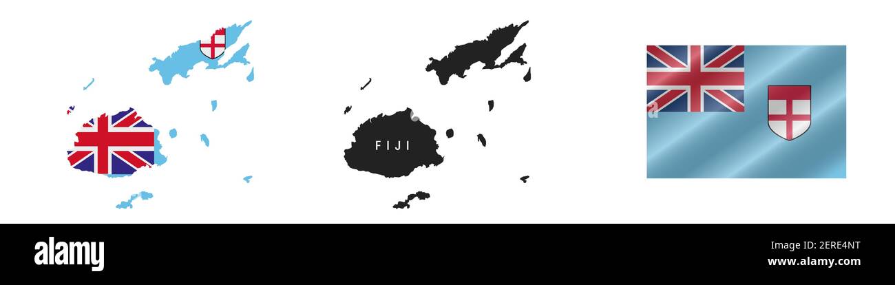 Fidschi. Karte mit maskierter Flagge. Detailreiche Silhouette. Winkende Flagge. Vektorgrafik isoliert auf Weiß. Stock Vektor