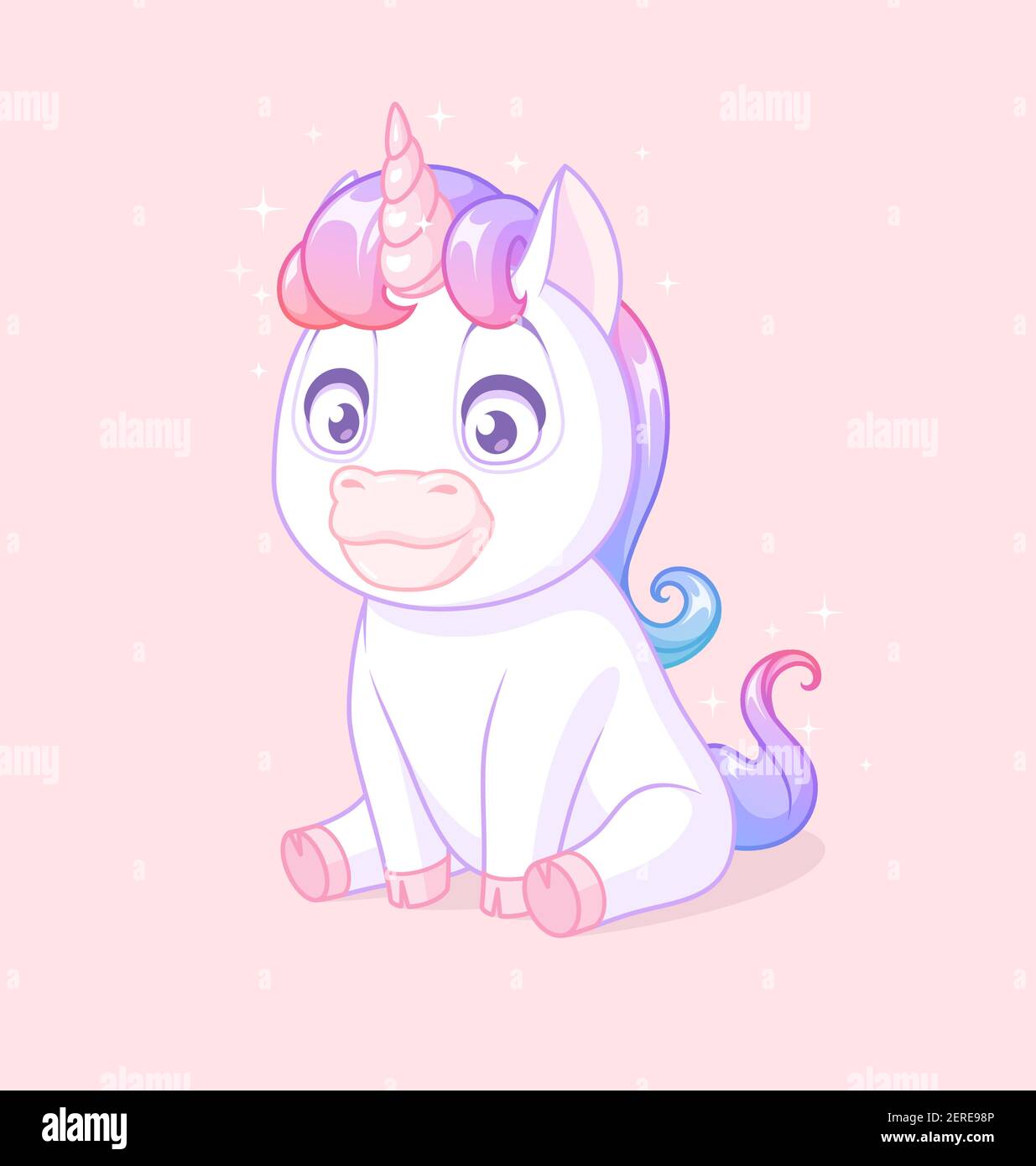 Niedliches Baby Einhorn sitzend. Vektorgrafik auf rosa Hintergrund. Stock Vektor