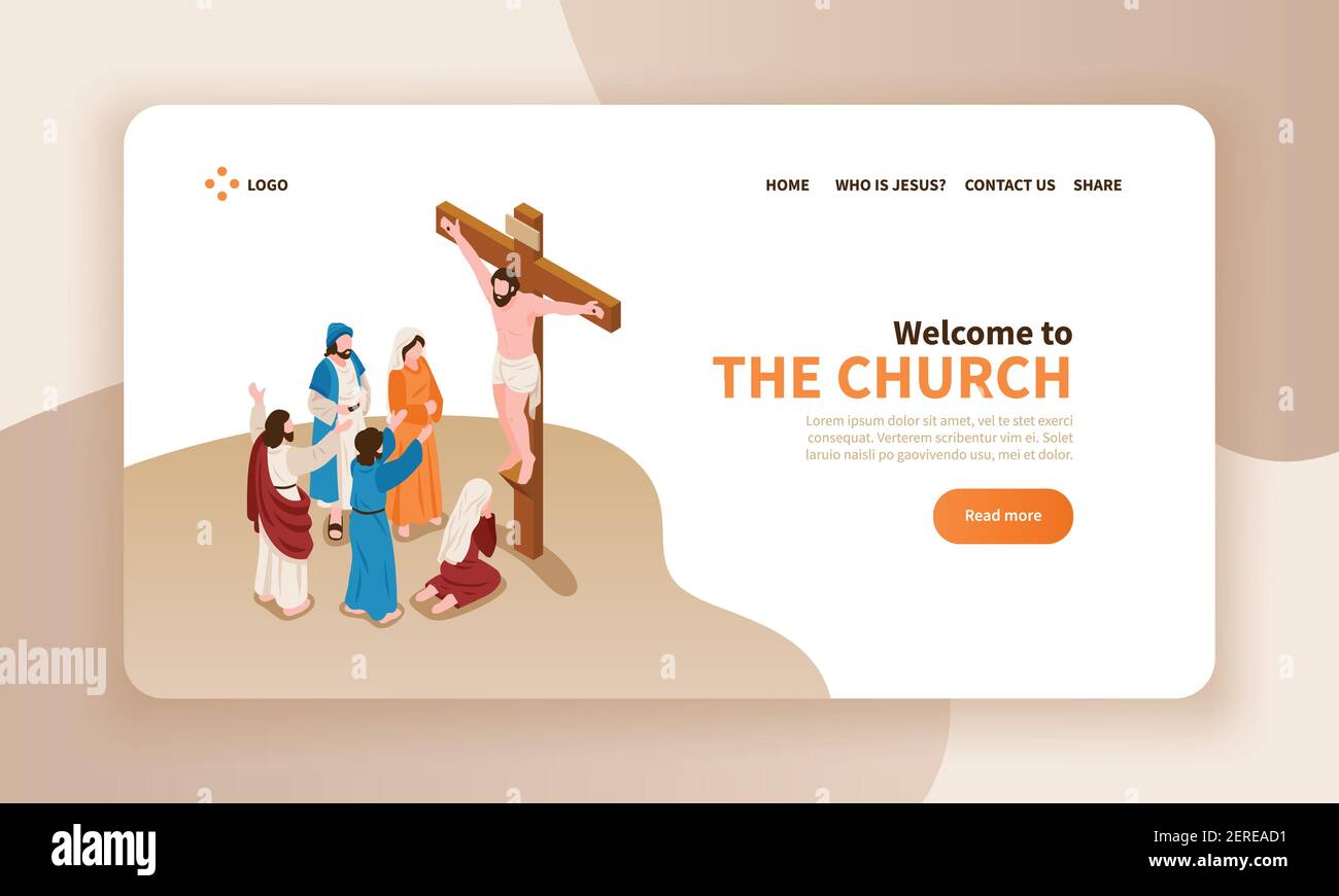 Isometrische bibel Narrative horizontale Banner Landing Page Website-Design mit Text christus gekreuzigt und Gebet Zeichen Vektor-Illustration Stock Vektor