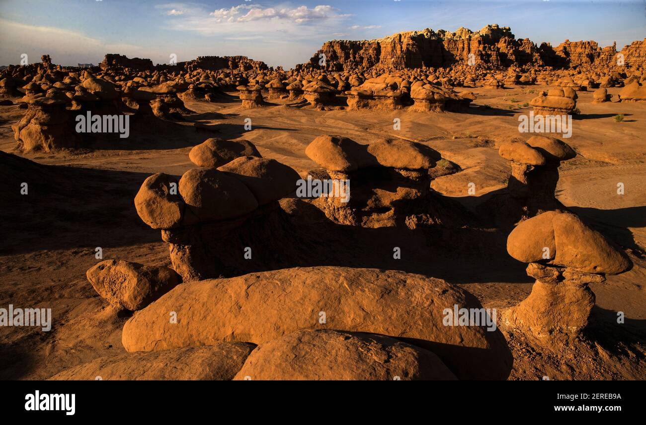 Am Samstag, den 30. Juni 2018, werden im Goblin Valley State Park in Green River, Utah, zahlreiche Entrada-Sandsteingnome, die über Millionen von Jahren geätzt wurden, auf dem Talboden gesammelt. (Foto von L.E. Baskow/LeftEye Images/Sipa USA) Stockfoto