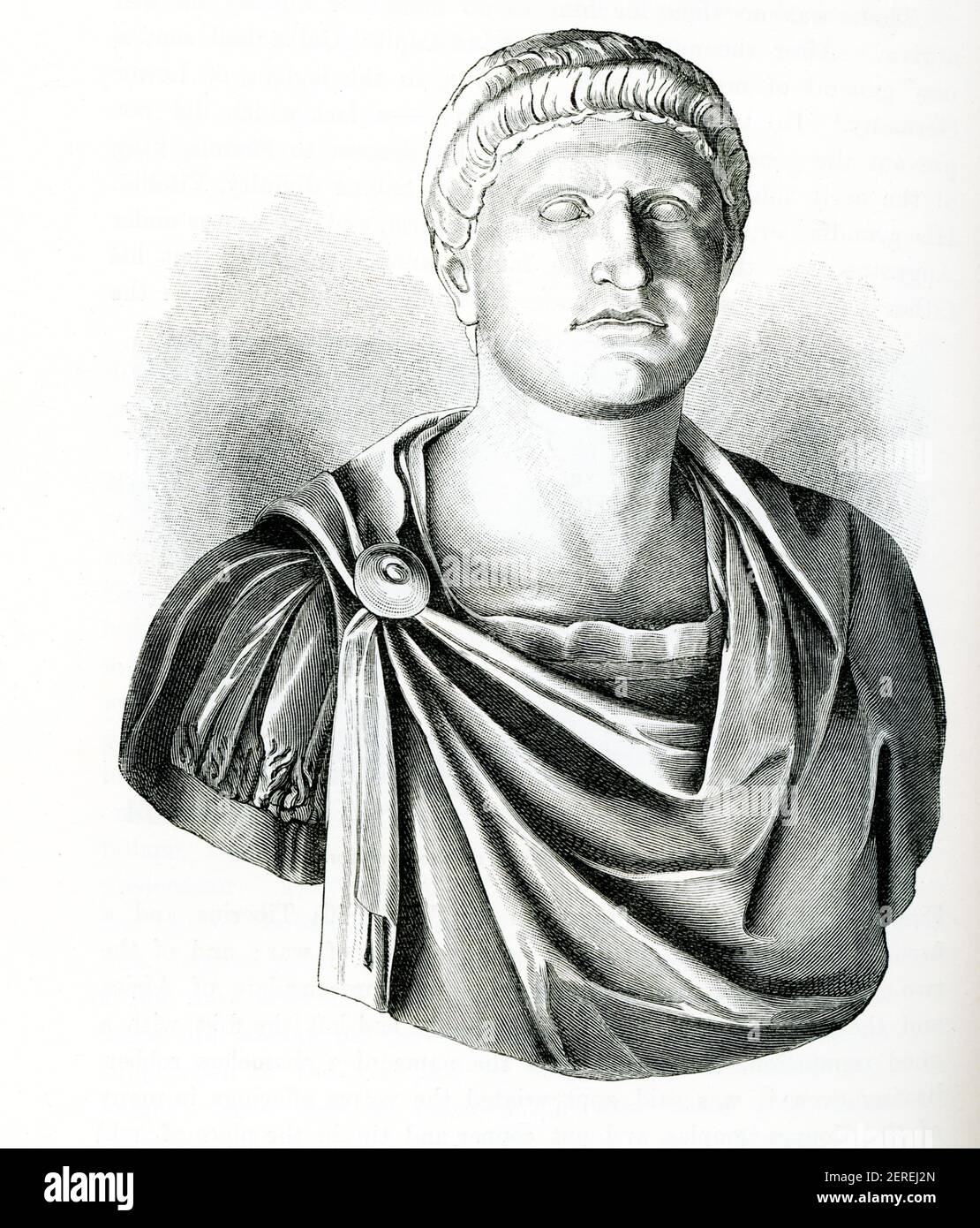 Diese Abbildung von 1880s zeigt den römischen Kaiser Otho – seine Büste im Museum des Kapitols in Rom im Kaisersaal. Otho war drei Monate lang römischer Kaiser, vom 15. Januar bis zum 16. April 69. Er war der zweite Kaiser des Jahres der vier Kaiser. Stockfoto